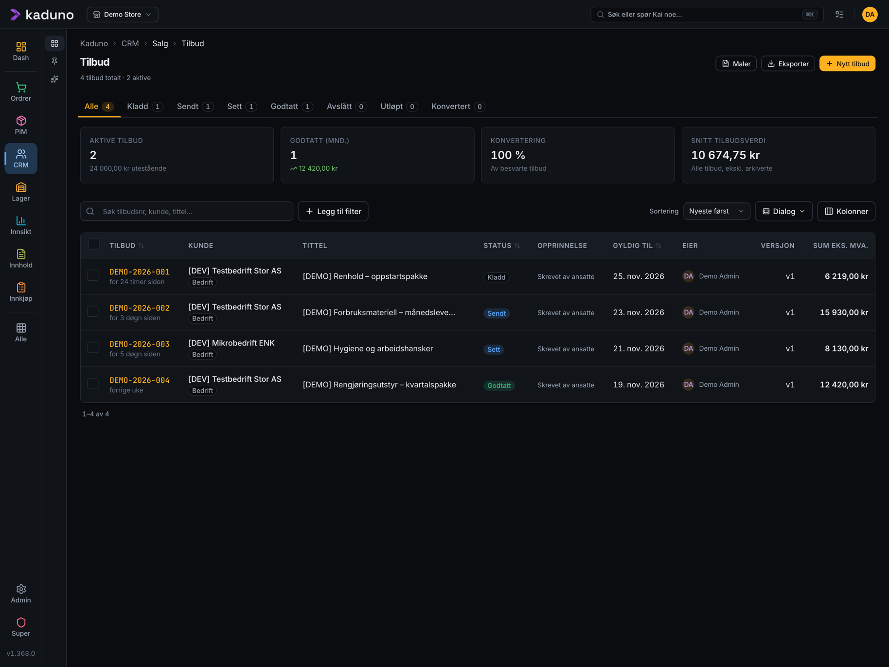 The quotes view: follow customers, amounts and status from draft to accepted quote. Shown with demo data.